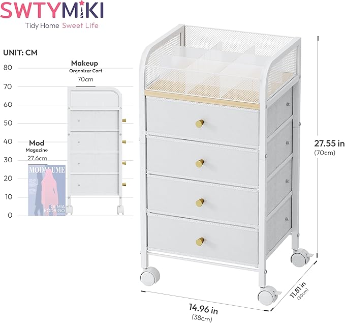 SWTYMIKI Rolling Makeup Organizer Cart - 14.96Ã¢ÂÂ³*11.81Ã¢ÂÂ³*27.55Ã¢ÂÂ³ Widened Under Desk Vanity Storage with 4 Non-woven Drawers, Cosmetic Display Cases for Skin Care Perfume Nail Polish Brush Hair Tool White