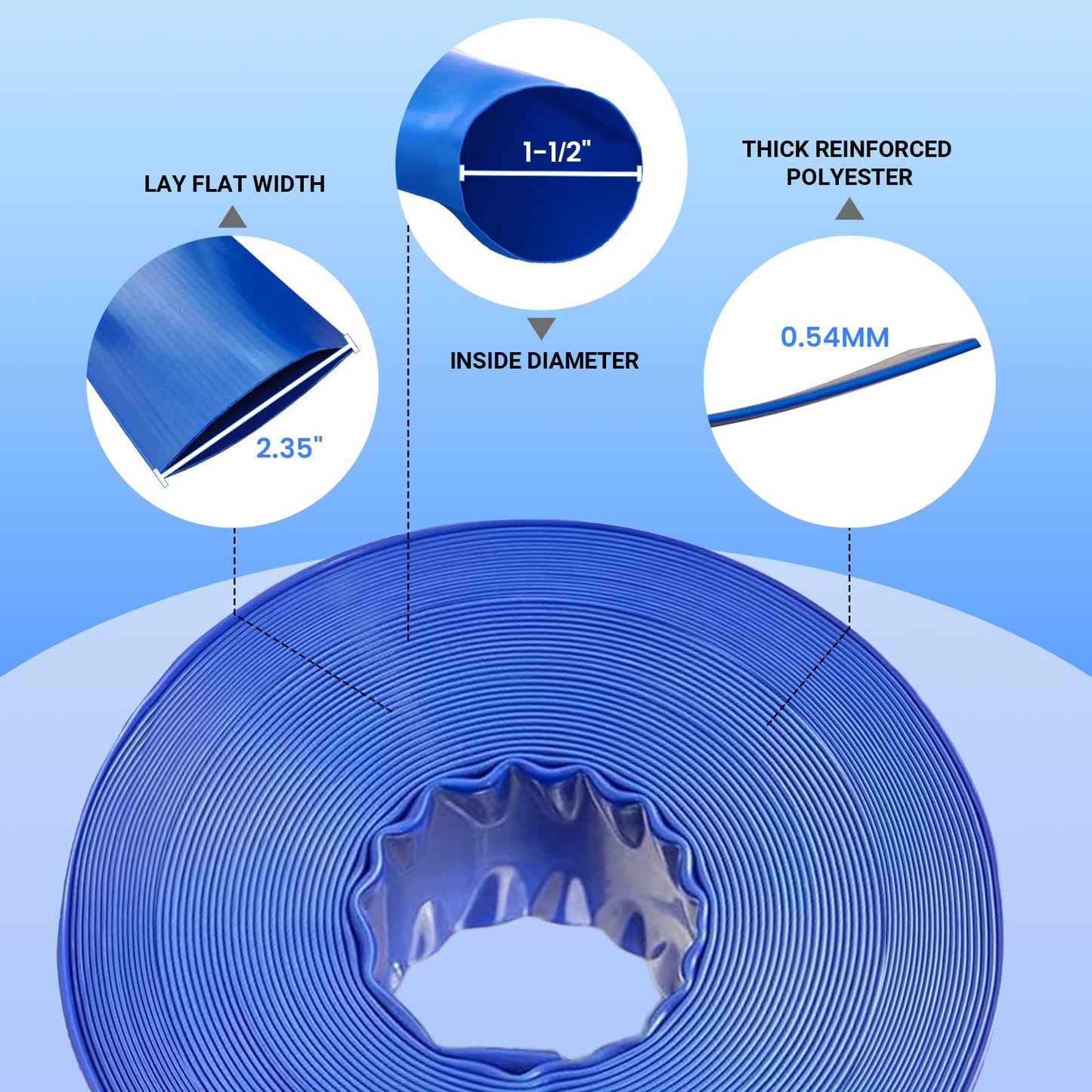 Poolvio Backwash Hose 1-1/2" x 50 ft, Blue Lay-Flat PVC Discharge Hose with 2 Stainless Steel Thumb Screw Clamps, Leak-Free for Swimming Pool Filter Cleaning, Flooded Area, Pond Draining