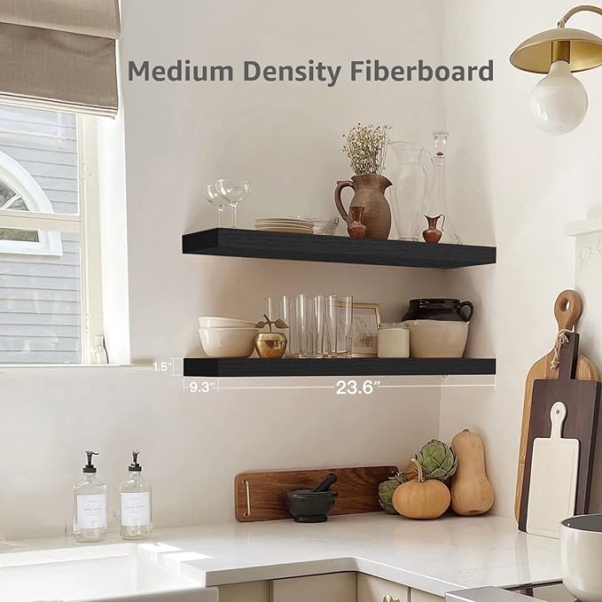 QEEIG Floating Shelves for Wall 23.6" Long - Wall Mounted Shelf Bathroom Kitchen Living Room Bedroom Farmhouse Home Decor Display Bookshelf Large 23.6 x 9.3 inch Set of 2, Black (008-60B)