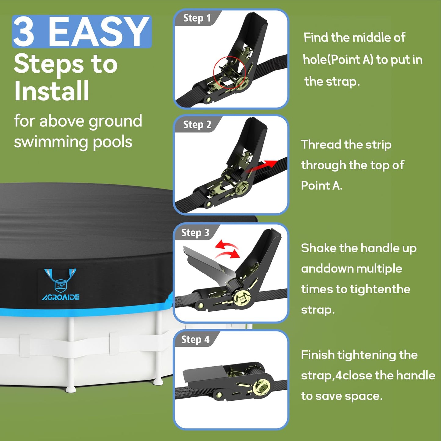 AGROAIDE 10ft Pool Cover, 420D Oxford Fabric for Above Ground Pool with Ratchet Tie Downs - All Season Use, Tear Resistant, UV & Dust Proof