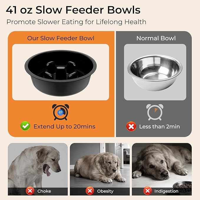 URPOWER Mess Proof Slow Feeder Dog Bowls 4 Height Adjustable Elevated Bowl Stand with Stainless Steel Water Bowl and Slow Feeder Non-Slip Dog Food Bowls Stand for Small Medium Large Dogs