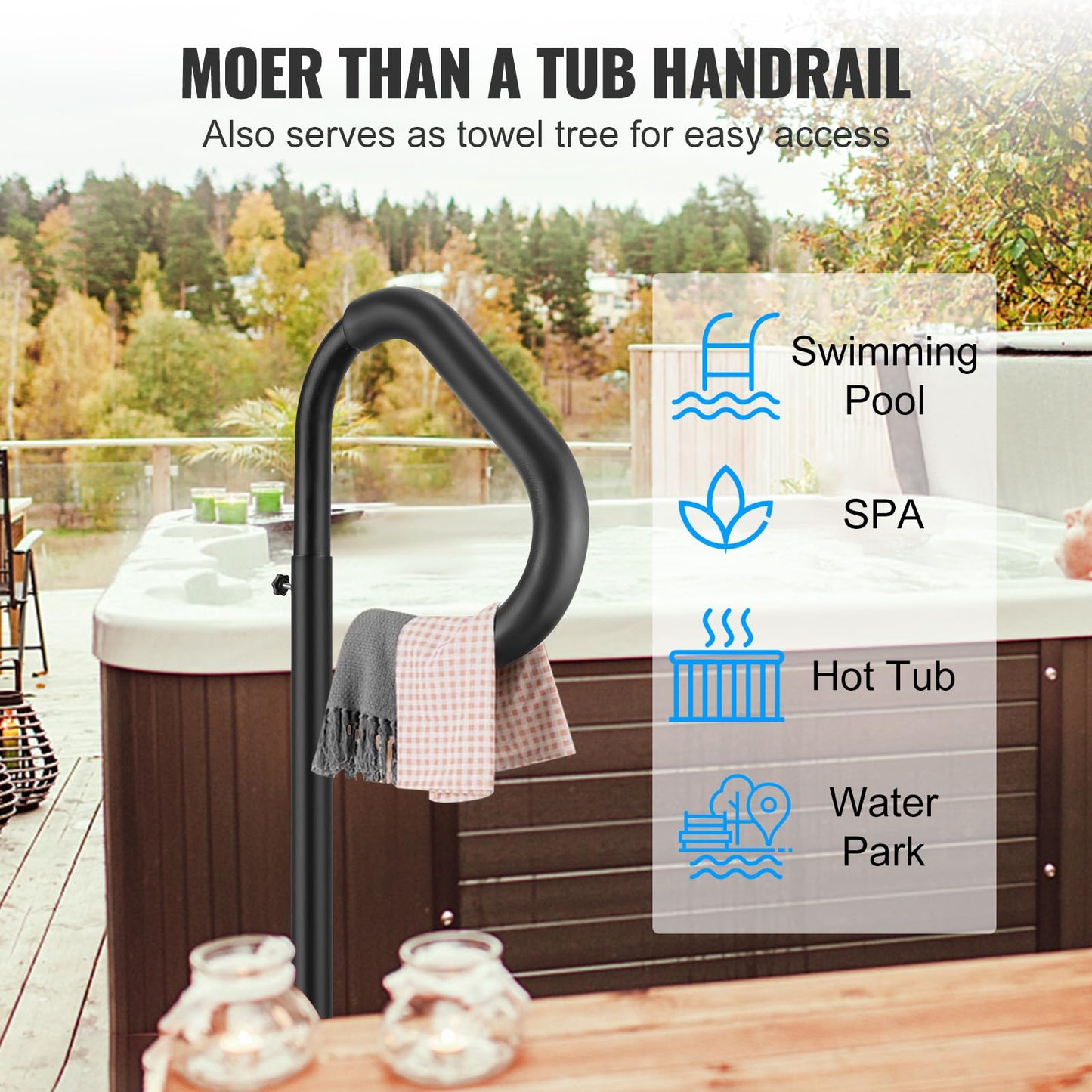 VEVOR Hot Tub Handrail, 360 Rotatable Spa Side Handrail with 48"-63" Adjustable Height, Rust-Proof Aluminum Spa Hot Tub Hand Rail with Slide-Under Mount Base for Indoor & Outdoor, 600LBS Capacity