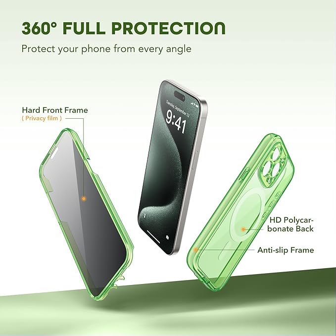 Magnetic for iPhone 15 Pro Max Case, Compatible with MagSafe, Built-in Privacy Screen Protector and Camera Protection, Anti Spy Full Body Dustproof Shockproof Hard Phone Case 6.7",Bright Green
