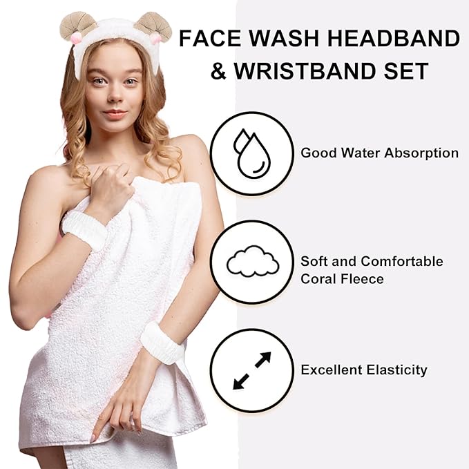 CAVETEE 3 Piece Hairband and Wristband Set for Women, White Sheep Horn Makeup Headband and Wristband for Skincare, Shower, Hair Styling, Securing Hair