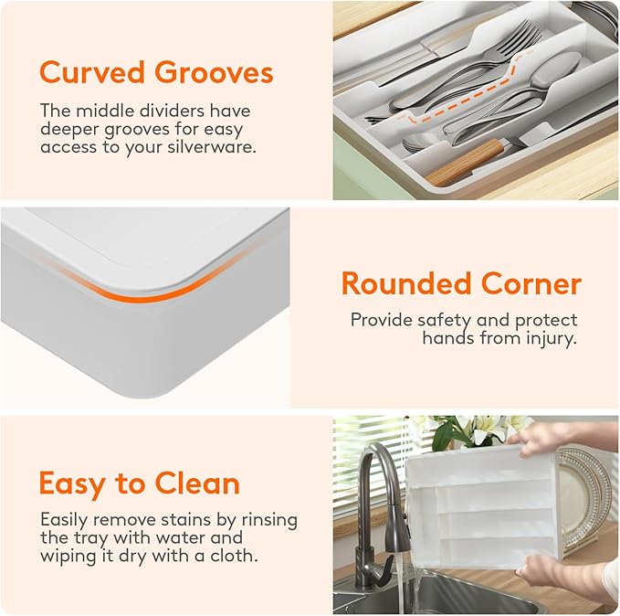 Lifewit Silverware Drawer Organizer Tray, Plastic Cutlery Storage for Kitchen, Flatware and Utensil Holder Divider for Spoons Forks Knives Tableware, 9.5 x 13.4", 5 Slots, White