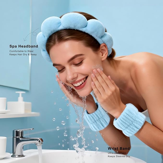 Real Perfection Spa Headband for Washing Face, Skincare Headband Wristband Set for Women, Reusable Machine-Washable Makeup Remover Towel Cloth, 1oz Small Spray Bottle with Travel Makeup Bag - Blue