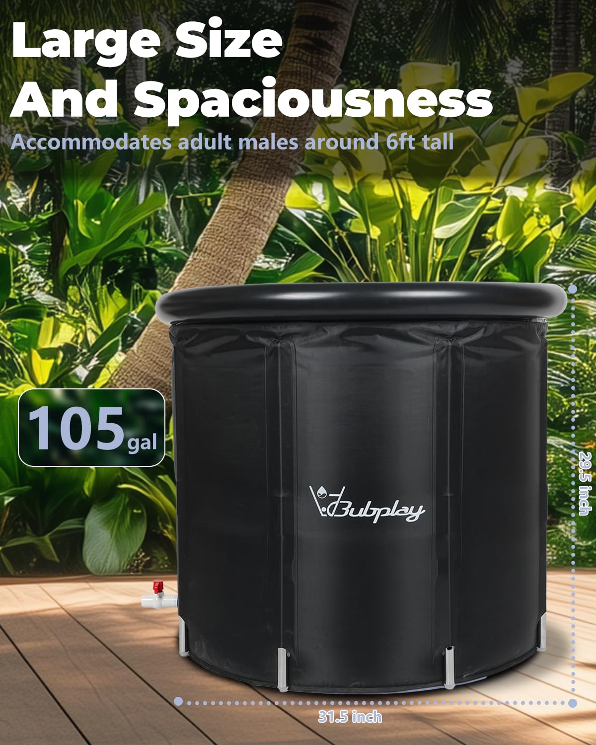 Bubplay Ice Bath Cold Plunge Tub with Cover for Indoor Outdoor for Recovery, Cold Water Therapy, Athletes & Adults -105 Gallons, Black, XL