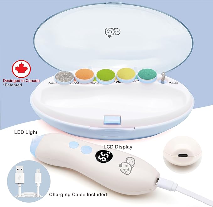 Royal Angels Rechargeable 22 in 1 Baby Nail Trimmer with LCD Display, Labeled Case, 13 Extra Pads, 4 Speed Settings, Safe Quiet LED Light Electric Baby Nail File Kit for Newborns Toddlers (WhiteBlue)