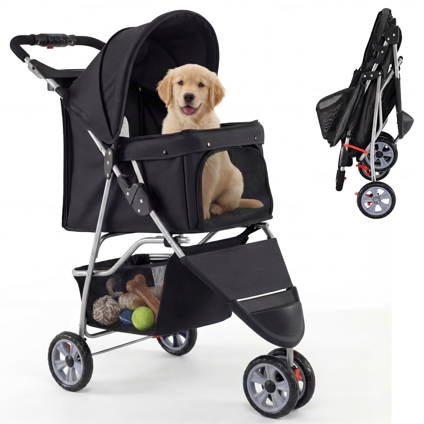 Giantex 3 Wheel Foldable Dog Stroller for Small Dogs Cats, Lightweight Pet Stroller with Lockable Wheels, One-Hand Quick Fold, Mesh Windows, Safety Leash & Storage Basket, Pet Travel Stroller (Black)