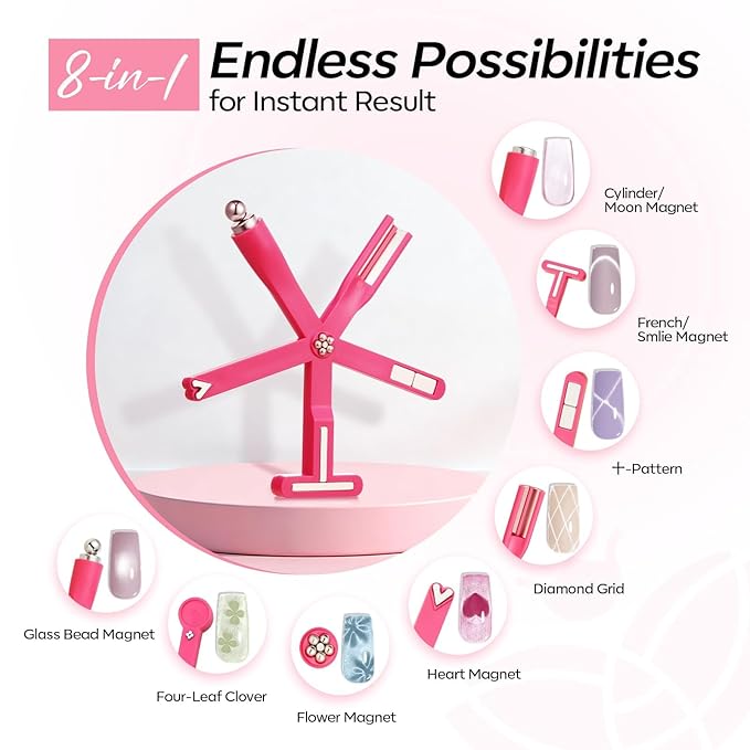Modelones Cat Eye Gel Polish Nail Magnet, 8-in-1 Cat Eye Magnet Tool for Gel Nails Strong Magnetic Nail Art Wand with Steel Ball, Glass Bead& French Tip&Clover Cateye Multi-Effect Magnets DIY Salon
