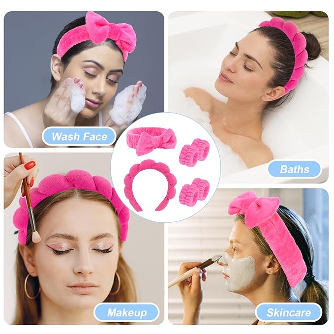 CAVETEE 6 Pack Spa Headband Set - Makeup Headbands with Bows, Face Washing Wristbands for Women and Girls