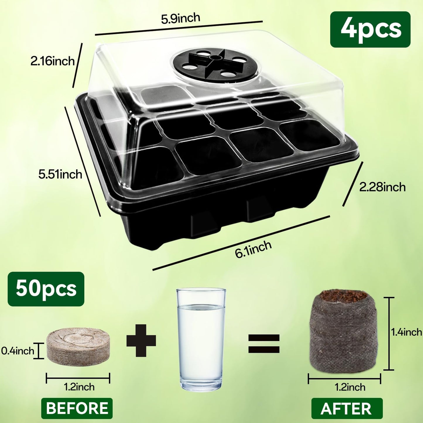 Halatool 4 Pack Seed Starter Tray with 50 PCS Peat Pellets, 48 Cells Black Seeding Starter Trays for Organic Seed Starter Soil Pods for Planting Vegetables Plants Flowers - Starting Seeds Kit