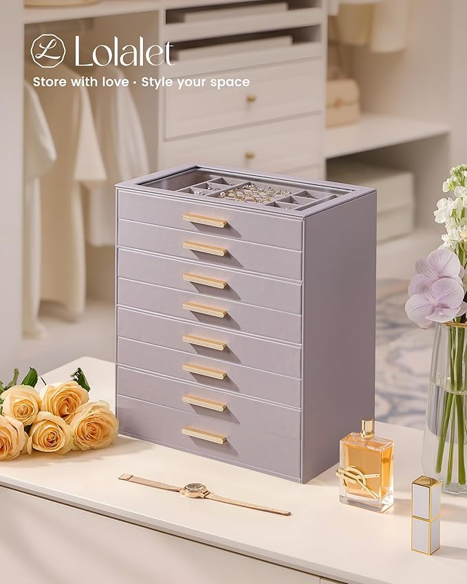 Lolalet Jewelry Box Organizer, 8-Layer Jewelry Organizers and Storage Case with Glass Lid, Ring Earring Bracelet Necklace Holder Organizer, Birthday Valentine Gifts for Women Girls -8Layer, HazePurple