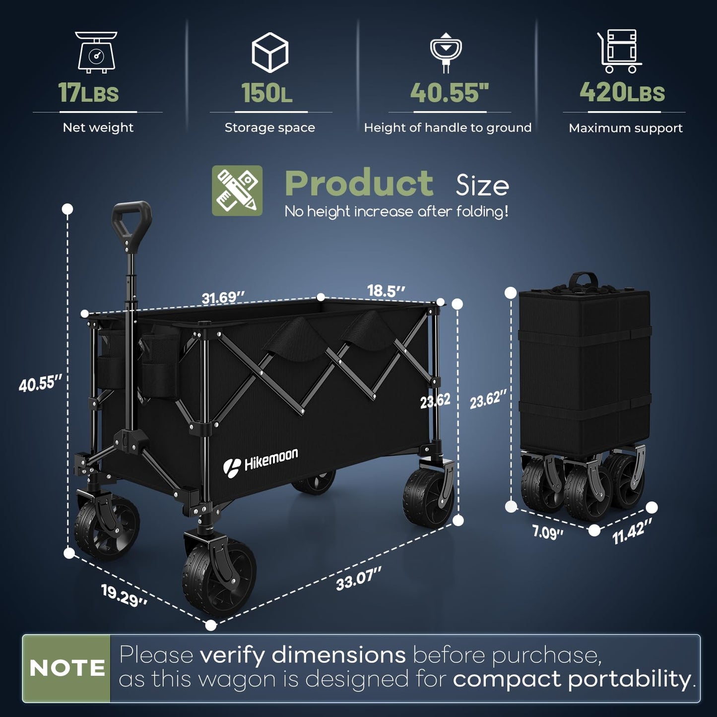 Hikemoon 150L Collapsible Wagons Carts Foldable, 420LBS Heavy Duty Folding Beach Cart with Big All-Terrain Wheels, Portable Utility Wagon for Grocery, Shopping, Garden, Sports, Camping, Black