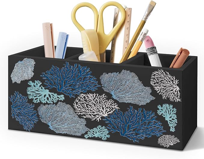 Coastal Beach Coral Pen Pencil Holder for Desk, Beach Office Decor, Ocean Nautical Blue Coral Wooden Box Decorative Sign for Home Office Desk Tabletop Decor
