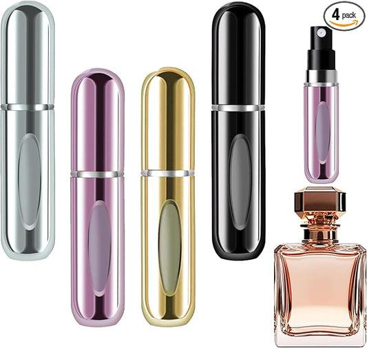 opasyo 4 Pcs Mini Refillable Perfume Portable Atomizer Bottle, 5ml Bottom-Fill Perfume Spray Scent Dispenser, Leak-Proof Travel Pump for Cologne, Aftershave & Purse (Silver/Pink/Gold/Black)