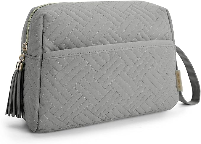 BAGSMART Makeup Bag, Elegant Roomy Cosmetic Pouch for Purse,Travel Zipper Pouch,Water-resistant Toiletry Bag,Makeup Accessories Organizer, Grey