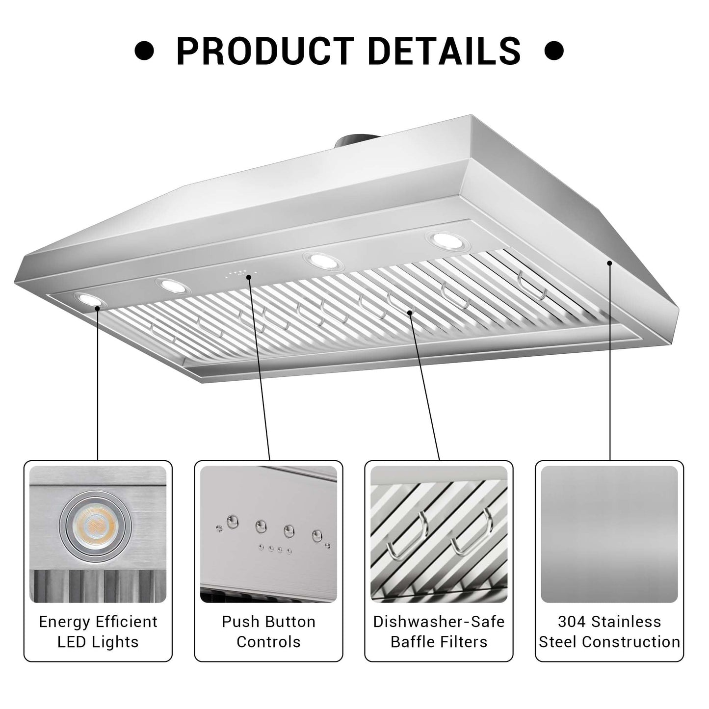 48-inch Range Hood Insert with Inline Remote Blower, CT Copper Tailor 1260CFM Kitchen Vent Hood, 4-Speed Exhaust Fan, 4 LED Lights, 8" Round Ducted,Baffle Filters, in Stainless Steel