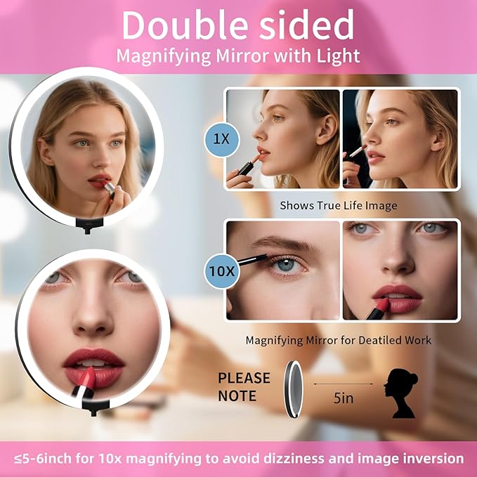 Magnifying Mirror with Light 10X/1X, Double Sided Travel Makeup Mirror with Lights and Magnification, Rechargeable 3 Colors Dimming Lighting, Large Size of 6inch, Foldable Design, 360°Angle Adjustable