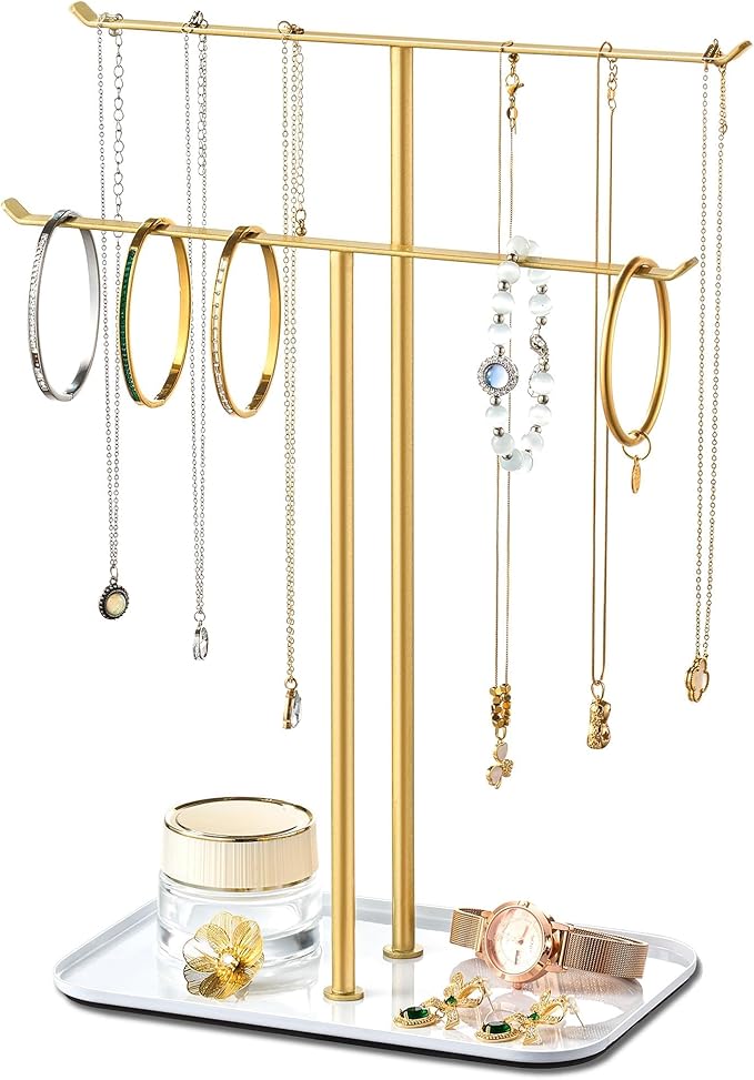 pickpiff Necklace Holder Jewelry Organizer Stand Ã¢ÂÂ 2Ã¢ÂÂTier TÃ¢ÂÂBar Jewelry Display Tree with Tray for Countertop Necklace Bracelet Earring Storage, Vanity Dresser Bathroom Sink, Gold