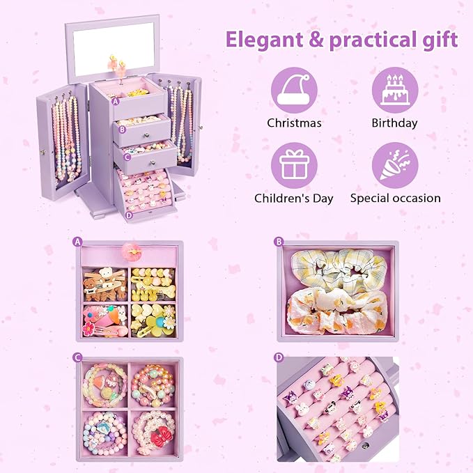 Emfogo Musical Jewelry Box for Girls, Large Kid Music Box with Ballerina for Birthday Bedroom Decor, 5 Layer Girl Jewelry Gifts for Girls Kids - Purple