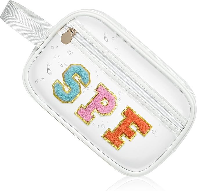 COSHAYSOO Clear Sunscreen Bag SPF Beach Vacation Essentials Waterproof Summer Pool Must Have Accessories for Women Teen Girls, Family Beach Day Organizer Toiletry Pouch Travel Gifts Preppy Letter