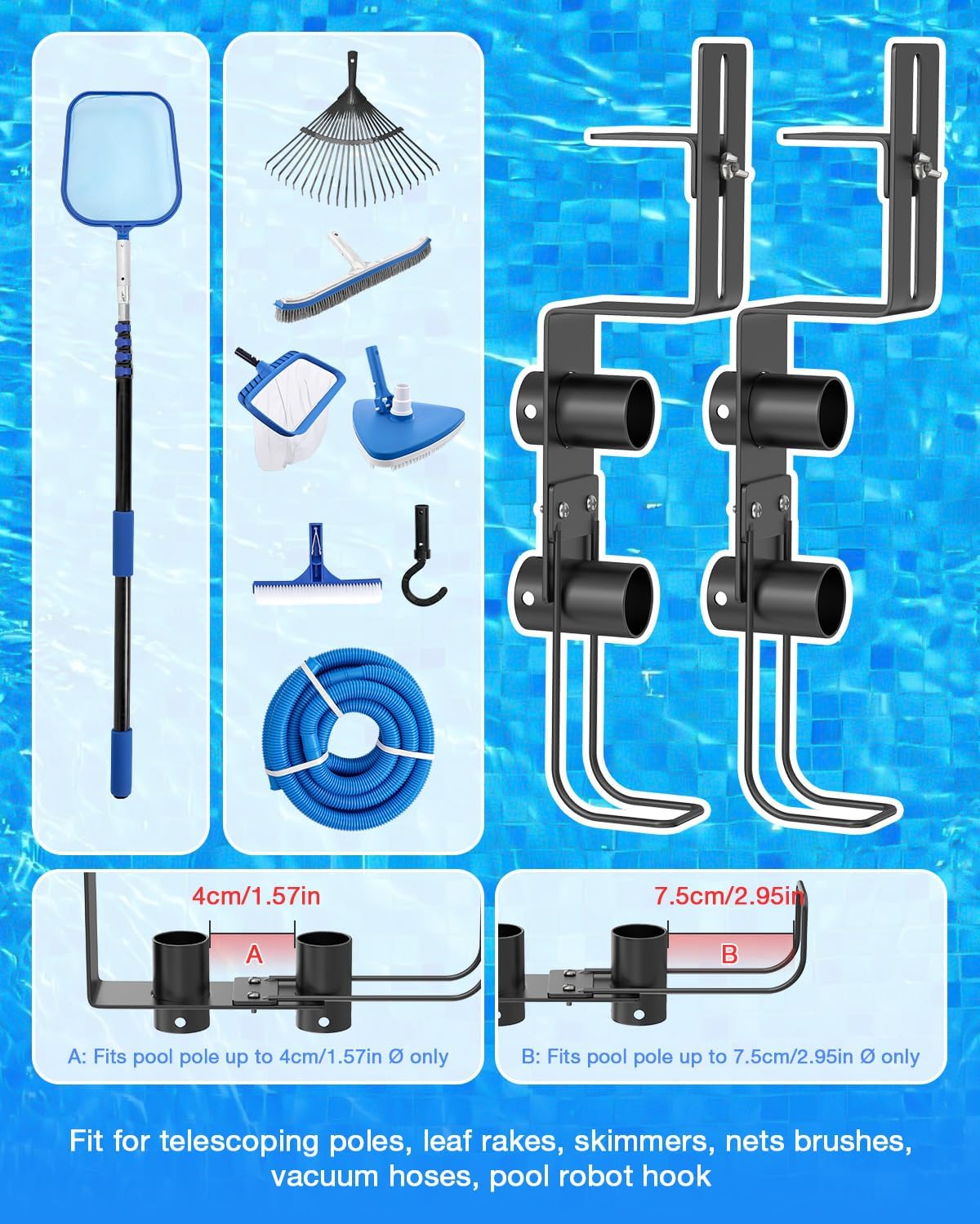 Pool Fence Hooks Adjustable, Heavy Duty Metal Hanger for Pool Equipment, Skimmers, Poles, Brushes, Vacuum Hose, Rust-resistant, no Drill, 2 Pack, Fits 0-10 cm Fences - Pool Accessories Storage