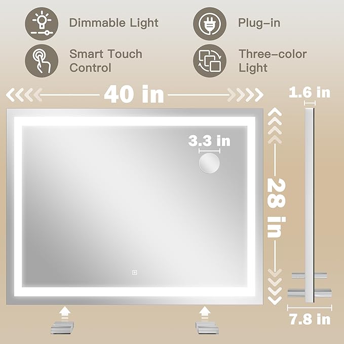 ROLOVE 40x28 Inch Lighted Vanity Mirror, 3-Color Lighting & Dimmable Modes, Large LED Makeup Mirror for Bathroom/Dressing Room (Wall/Tabletop Mount, White)
