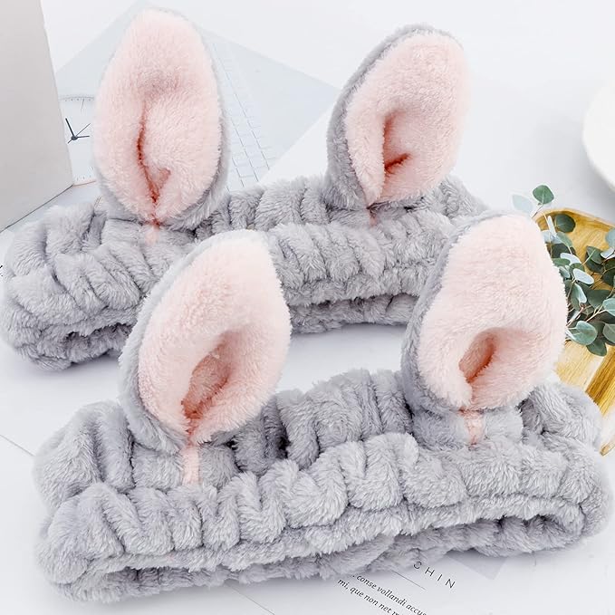 YISSION Cute Bunny Ear Spa Headband for Women and Girls - Soft Plush Makeup Headband for Face Washing, Skincare, Shower, Easter Party Favors (2 Pack, Gray with Pink Inner Ears)