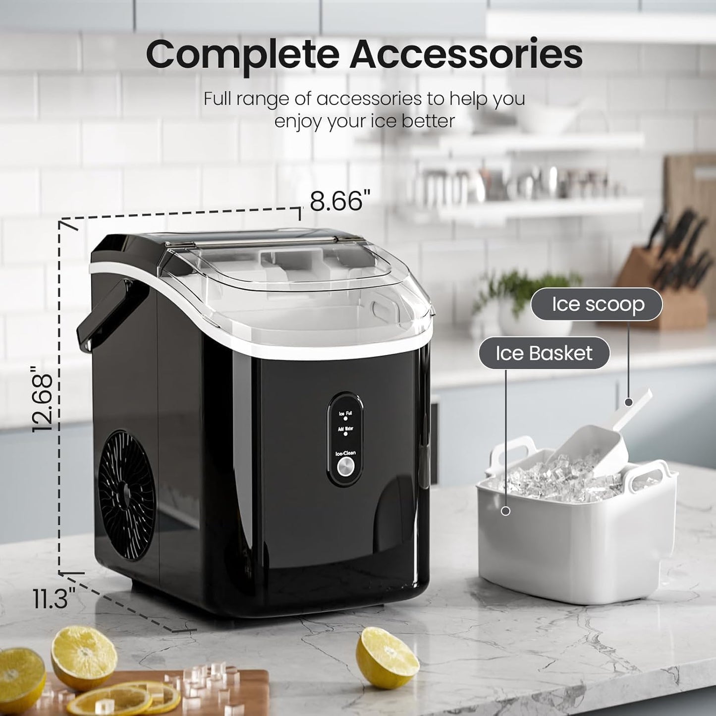AGLUCKY Nugget Ice Makers Countertop with Handle, Portable Pebble Ice Machine with Soft Chewable Ice,Self-Cleaning,One-Click Operation for Home/Kitchen (Dark Black)