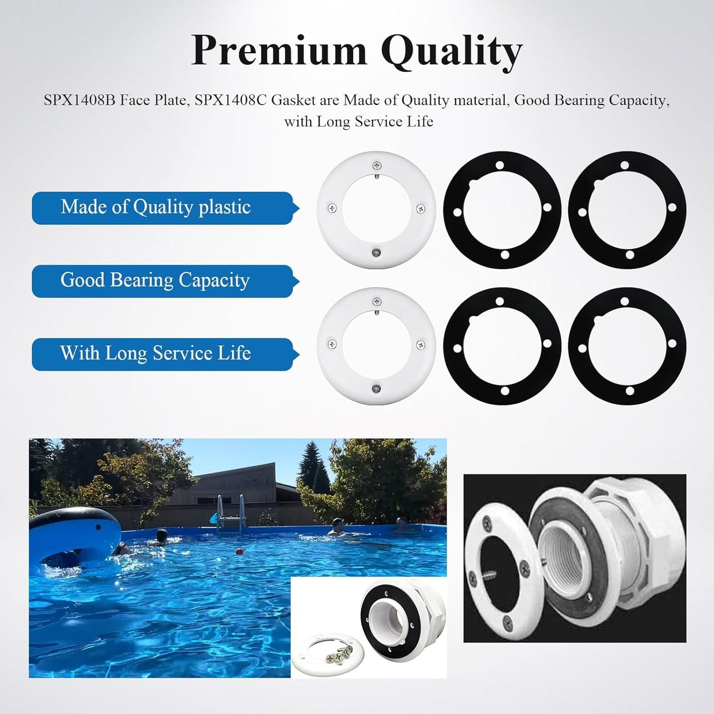 SPX1408B Face Plate & SPX1408C Gasket Compatible with Hayward Pool SP1408 SP1411, SP14071 Inlet Return Wall Fitting Kit,Vinyl Swimming Pool Return Wall Fitting Kit W/4 Face Plates, 8 Gaskets,16 Screws