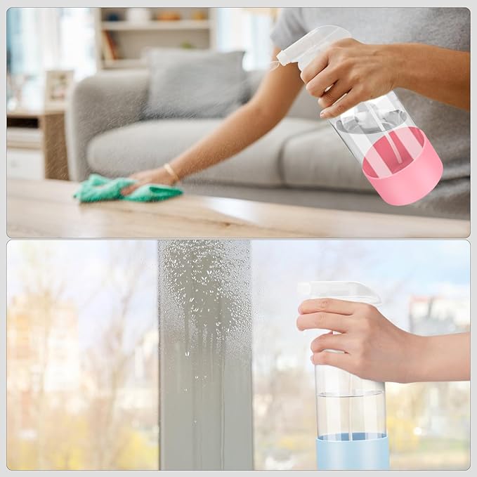 Worldgsb 2 Pack Glass Spray Bottles with Silicone Sleeve, 16 oz Empty Refillable Containers with Adjustable Spray Nozzles, Spray Bottles for Hair, Cleaning Solutions and Plants Blue&Pink
