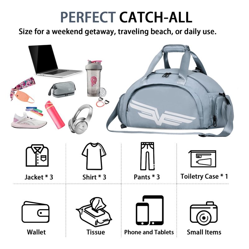 FIORETTO 35L Mens Sports Gym Duffle Bag with Wet Pocket & Shoe Compartment, Overnight Weekender Bag with Padded Shoulder Strap, Ideal for Travel, Gym, Sports, Swimming, Black