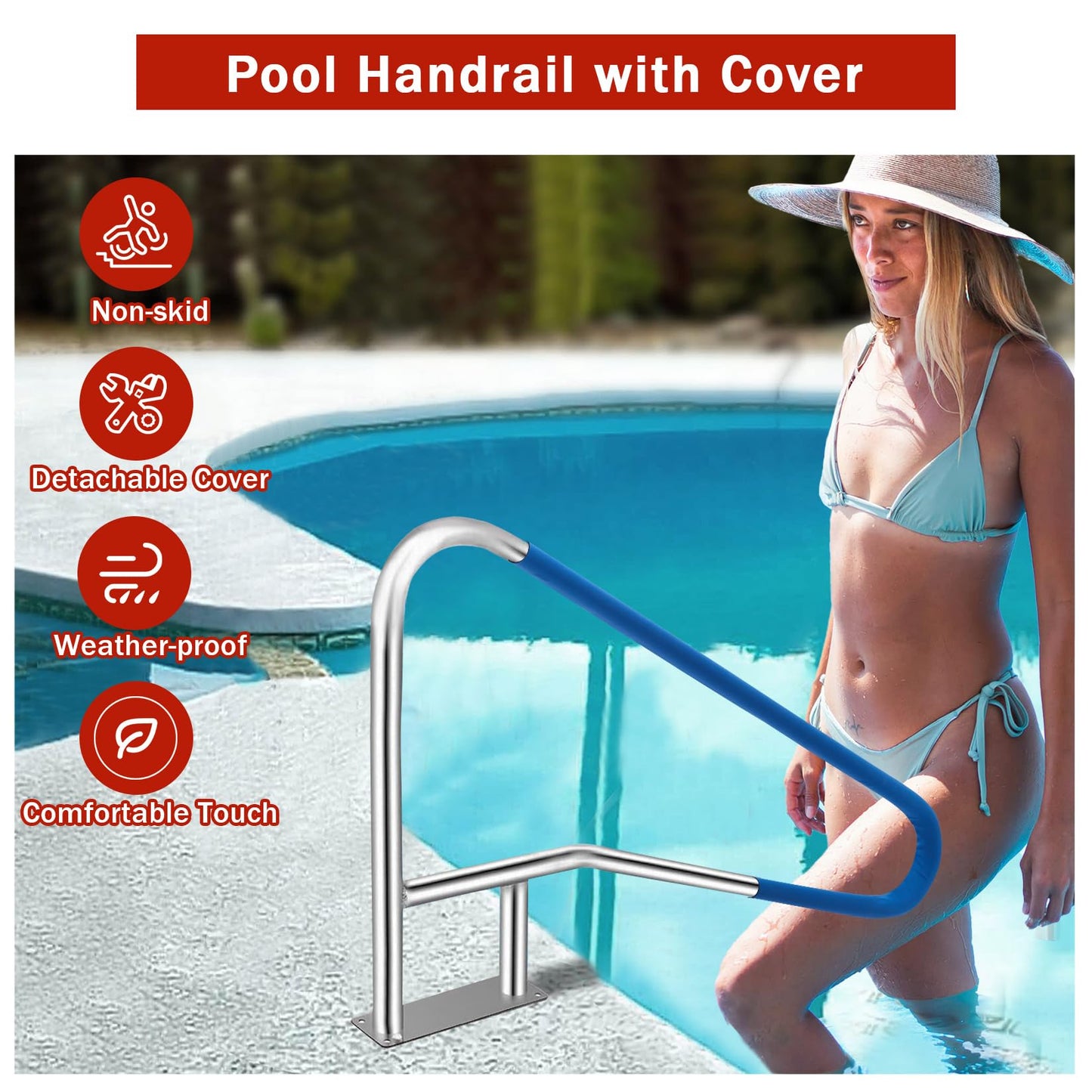 GarveeLife Pool Handrail, 55"x32" Pool Railings for Inground Pools, Swimming Pool Safety Handrails 375lbs Load Capacity, 304 Stainless Steel Pool Stair Rail with Grip Cover, Quick Mount Base Plate