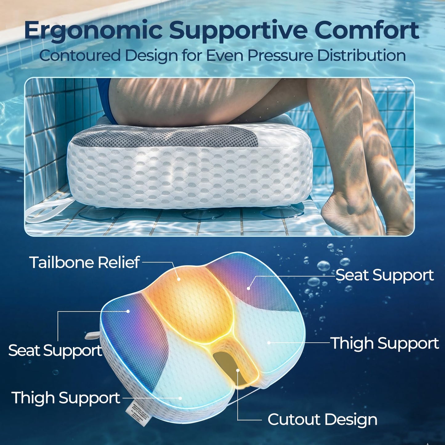 Idle Hippo Hot Tub Booster Seat, 4D Air Mesh Hot Tub Pillow with 6 Powerful Non-Slip Suction Cups, Ergonomic Booster Cushion, Quick Dry Spa Pillow Hot Tub Accessories for Adults Indoor Outdoor-White