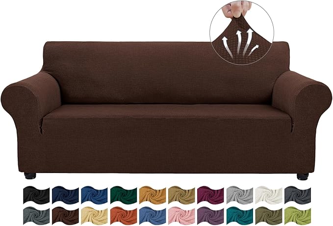 Asnomy Couch Covers for 3 Cushion Couch Sofa pet Friendly, 3 Seater Sofa Cover Washable Slipcovers, Protector Furniture Covers for Dogs Jacquard Fabric Small Checks （Large，Chocolate）