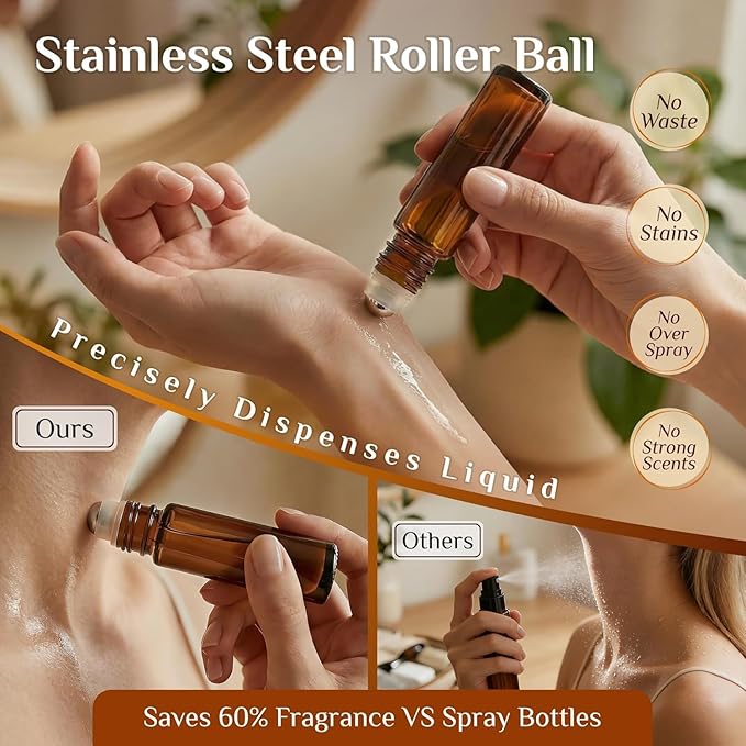 PrettyCare 60 Pack, 10 ml Essential Oil Roller Bottles with Stainless Steel Roller Ball - Bulk Refillable Leak-proof Empty Thick Amber Glass Roll on Bottles with Metal Caps for Travel, Perfume