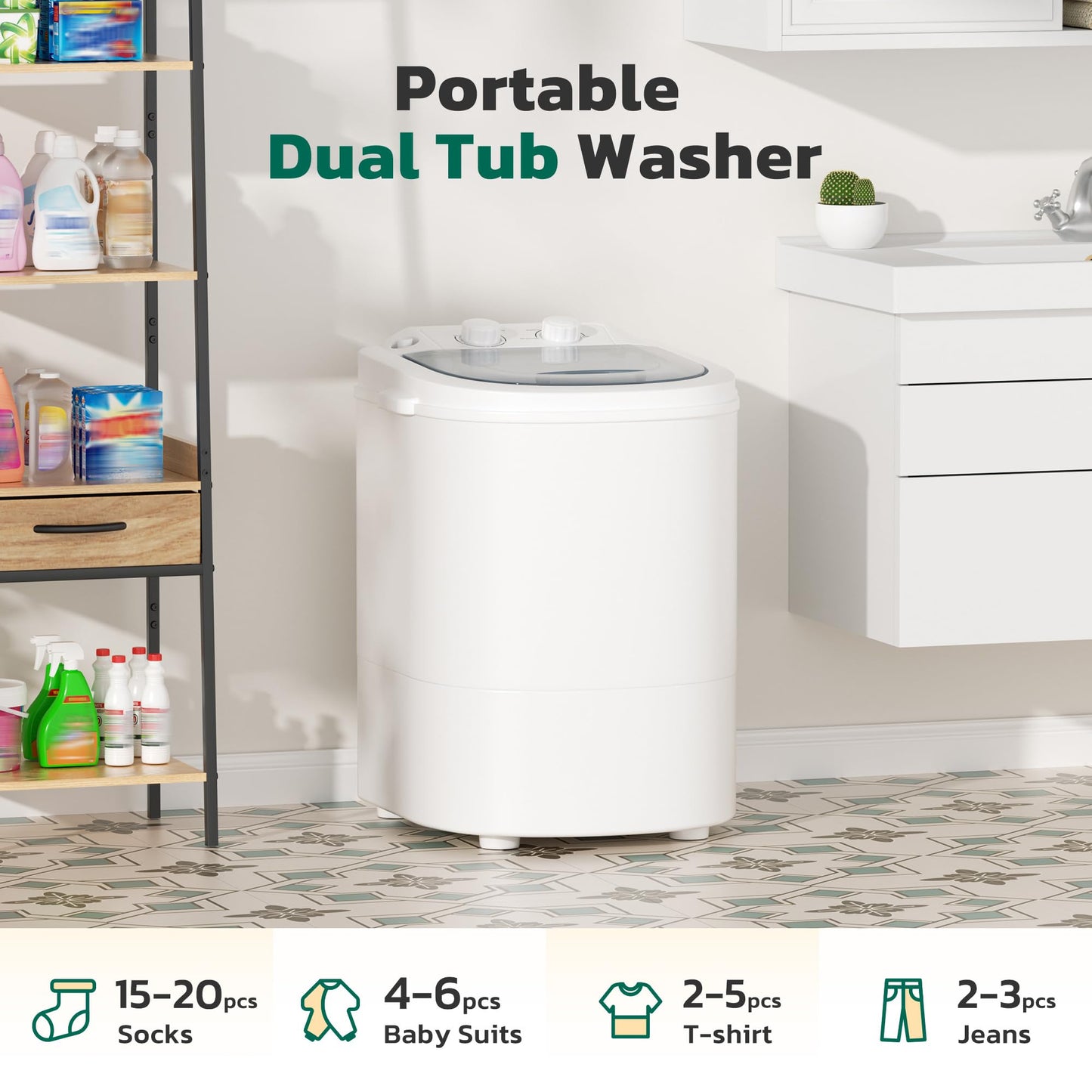 Greenvelly Portable Washing Machine, Single Tub Small Laundry Washer with Spin Basket, 6.6lbs Portable Washer Dryer Combo for Apartments,Dorms (White Grey)