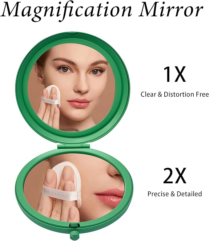 Compact Mirror for Purse, Metal Round Shell, Double-Sided 1X/2X Magnifying, Portable Travel Makeup Mirror, Mini Pocket Mirror, Cobalt Green, 2 Packs
