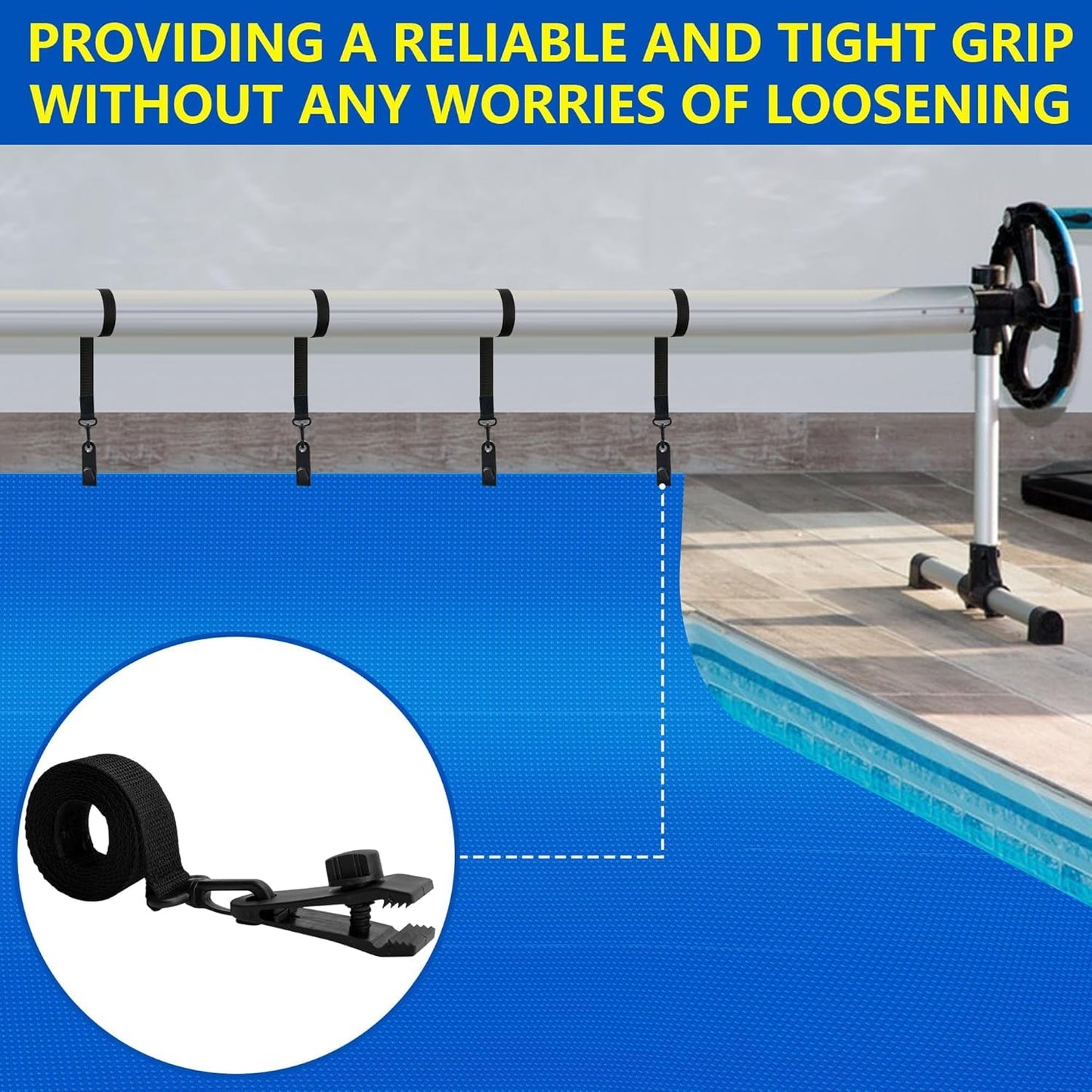 codree 36 Pcs Pool Solar Cover Reel Attachment Kit, Inground Swimming Pool Solar Cover Straps and Clips, Solar Blanket Strap Kit Including 12 Straps with Hooks, 12 Clips and 12 Touch Fastener (Black)
