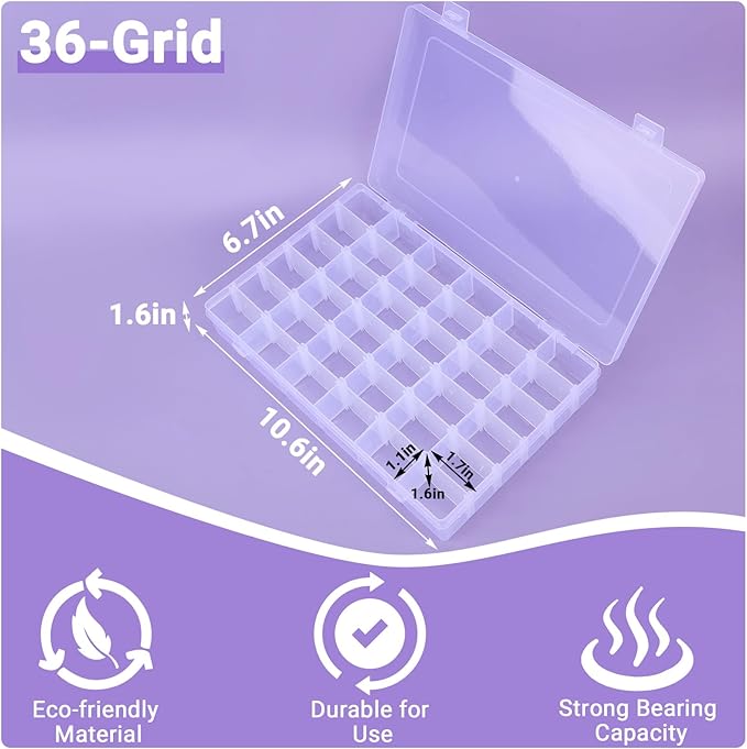Nail Organizer Storage Box 36 Grids, Rhinestone Container Clear, Acrylic Press Fake Nail Tip Craft Art Accessories Plastic Empty Case, Display Holder for Jewelry Diamond Charms Gem Bead Polish