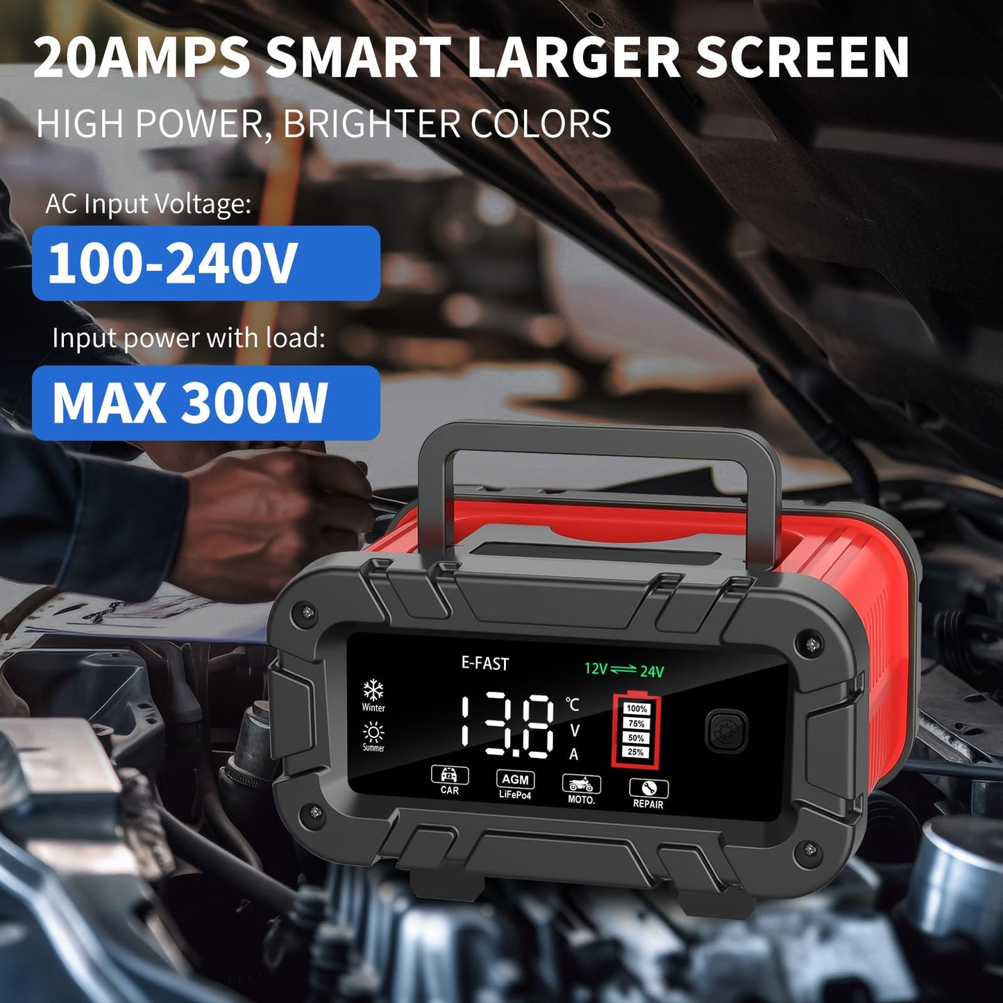 E-FAST Battery Charger 0-20A 12/24V Lifepo4 Lead Acid Automatic Smart Car Battery Charger, Trickle & Pulse Repair, Automobile Battery Maintainer for Car Truck Motorcycle Lawn Mower Boat