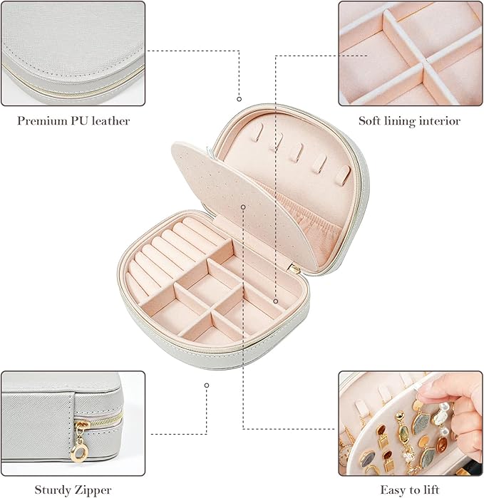 ProCase Travel Size Jewelry Box, Medium Portable Seashell-Shaped Jewelry Case, 2 Layer Mini Jewelry Organizer in PU Leather for Women -Silver