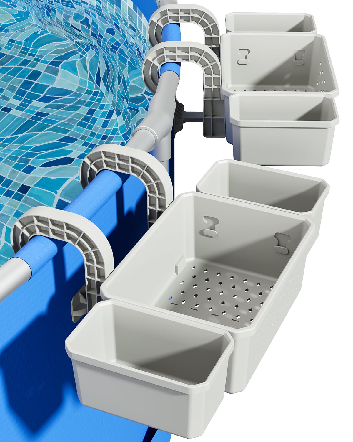 SHAPON 2026 Upgrade 2 Sets Poolside Storage Basket with 2 Cup Holders, Pool Drink Holder Stretchable Organizer for Drinks & Pool Supplies, Above Ground Pool Accessories for Most Frame Swimming Pools