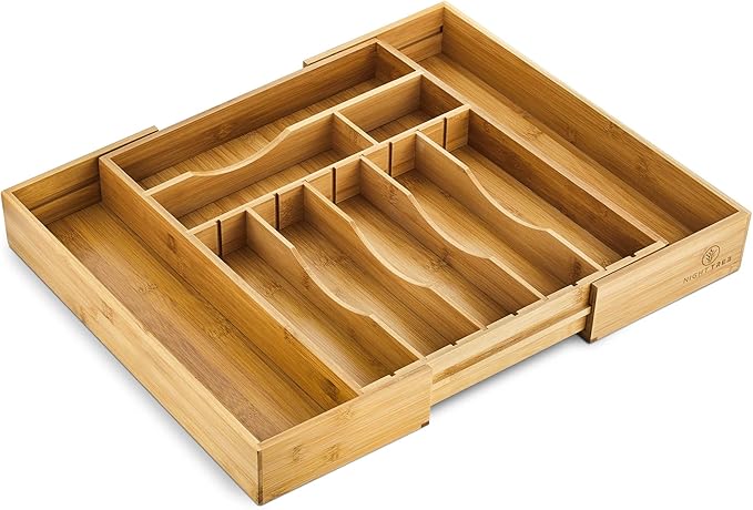 Night Tree 2.5Ã¢ÂÂ Extra Deep Silverware Drawer Organizer with Adjustable Dividers Ã¢ÂÂ Expandable Bamboo Flatware Tray for Kitchen, Reinforced Wood Cutlery Holder (14"-21.6" Wide)