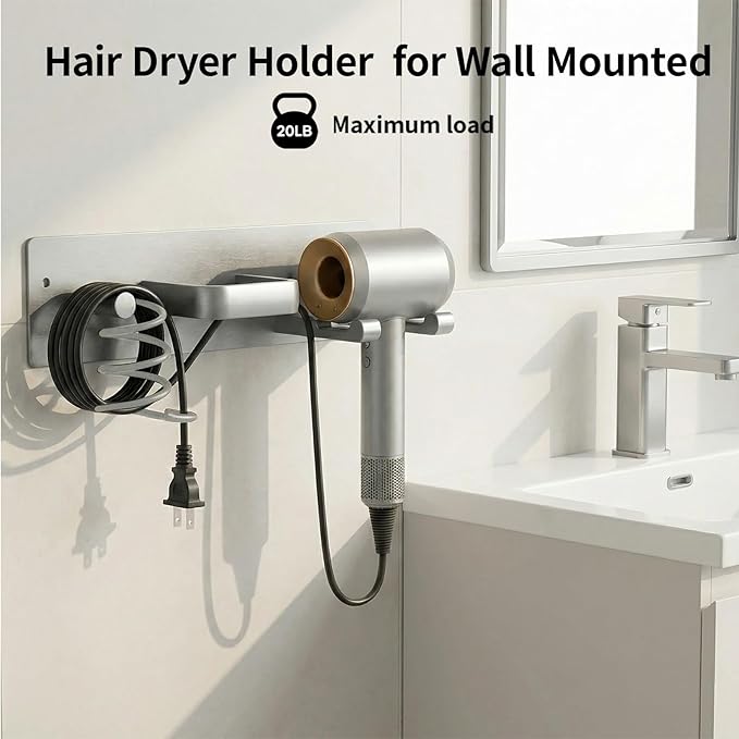 Blow Dryer Holder Wall Mount, 3 in 1 Bathroom Hair Tool Organizer with Curling Iron Holder & Flat Iron Holder, Universal Hair Dryer Holder Rack Storage (Silver)