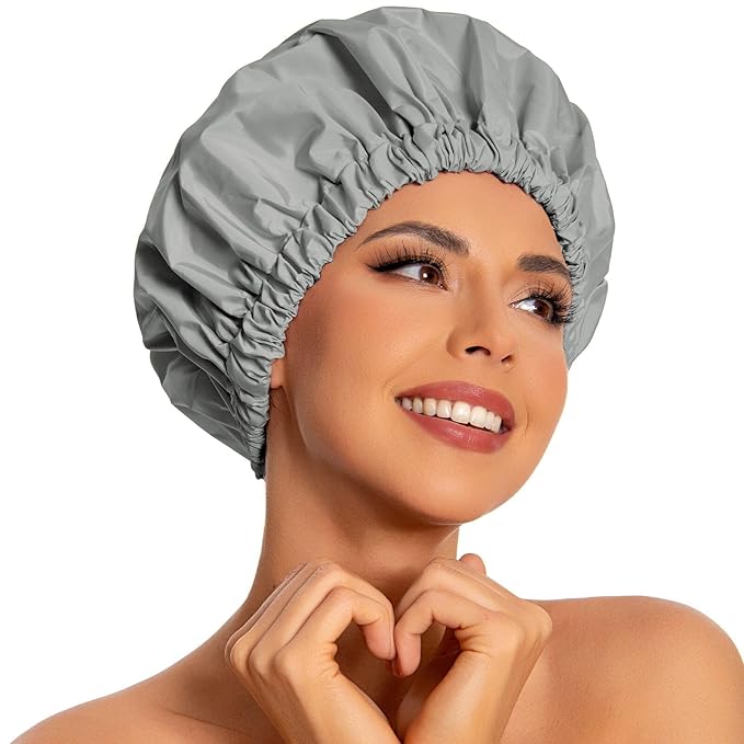 Reusable Shower Cap for Women, Large Waterproof Shower Bonnet with Elastic Band, Washable Bath Hair Cap for Long, Curly Hair, Braids, Daily Shower, Home Spa, Travel(Dark Grey)