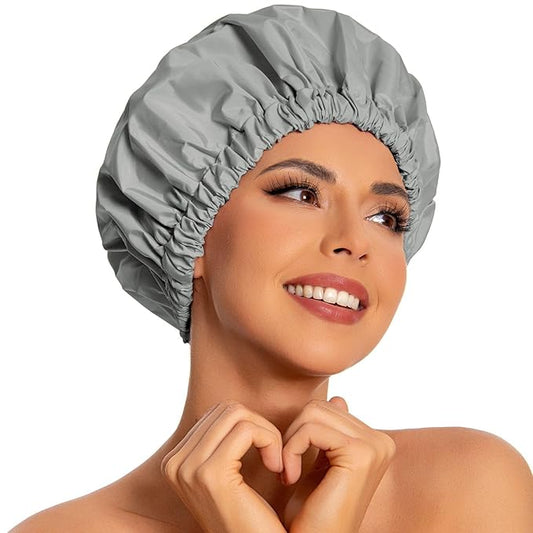 Reusable Shower Cap for Women, Large Waterproof Shower Bonnet with Elastic Band, Washable Bath Hair Cap for Long, Curly Hair, Braids, Daily Shower, Home Spa, Travel(Dark Grey)