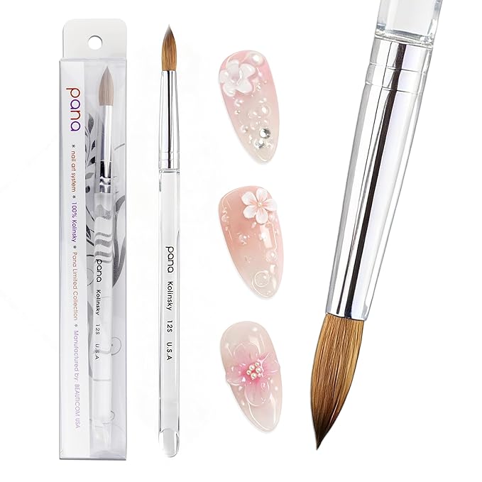 PANA Pure Kolinsky Hair Nail Brush - Round Clear Acrylic Handle (Size 12) - Nail Brush for Nail Application, Nail Extension, Manicure Pedicure Salon Beginner and Professional