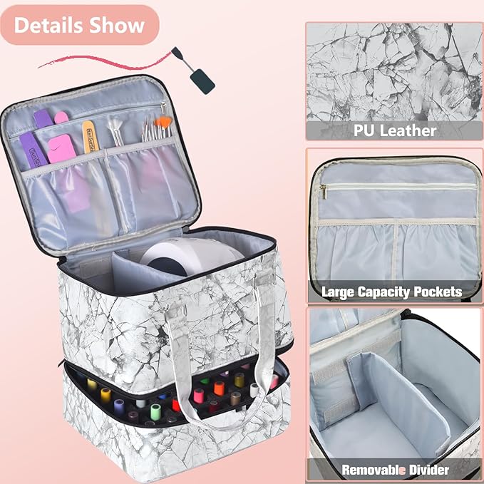 Nail Polish Organizer Case - Holds 42+ Bottles (15ml/0.5 fl.oz) and 1 Nail Lamp, Upgraded Double-layer Nail Polish Carrying Case Nail Storage Bag with Handles (White)